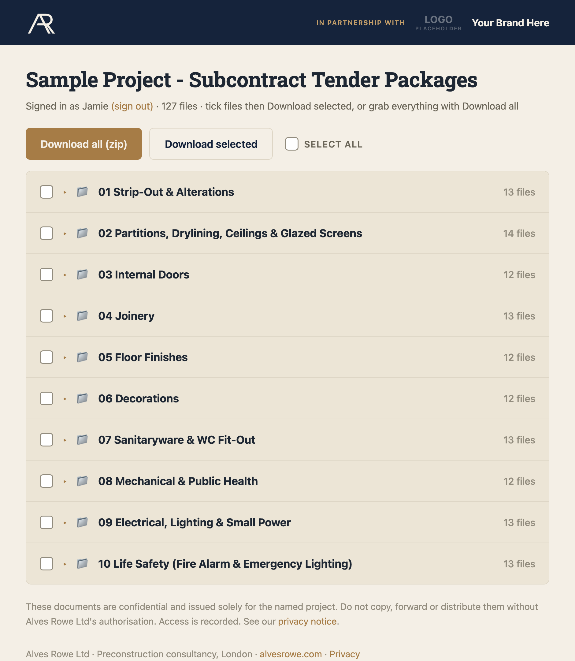 A branded Alves Rowe project data room listing subcontract tender packages ready to download at files.alvesrowe.com